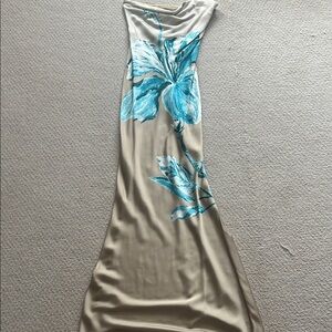Rococo Sand Beige Maxi Dress with Teal Floral Design